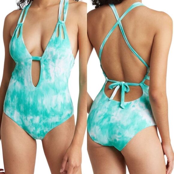 BECCA Crystal Plunge Neck One-Piece Swimsuit in Jasper - Picture 1 of 5